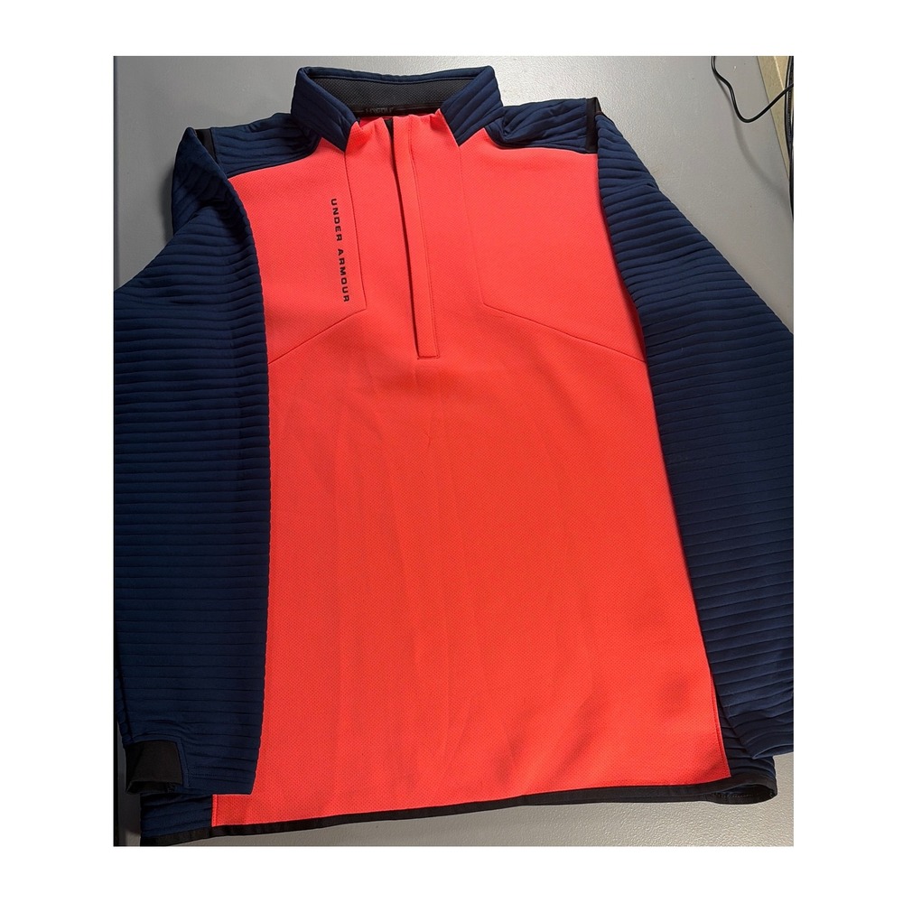 Under Armour Golf Pullover Mens XL Orange Navy Blue ColdGear 1/4‎ Zip Loose Fit